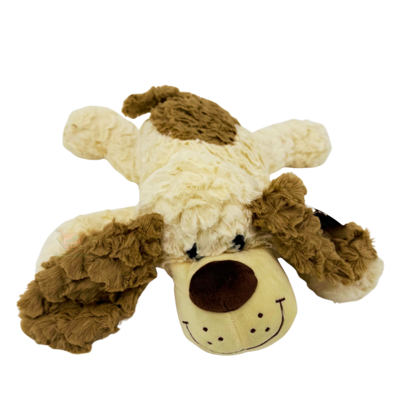 Liegender weiß-brauner Plüschhund mit großen Schlappohren und braunem Nasen-Patch, ca. 42 cm